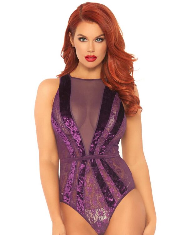 Purple Velvet and Floral Lace Bodysuit