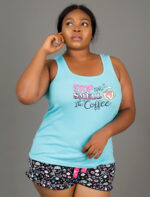 Stop and Smell the Coffee Ruffle Short Set, Blue and Black