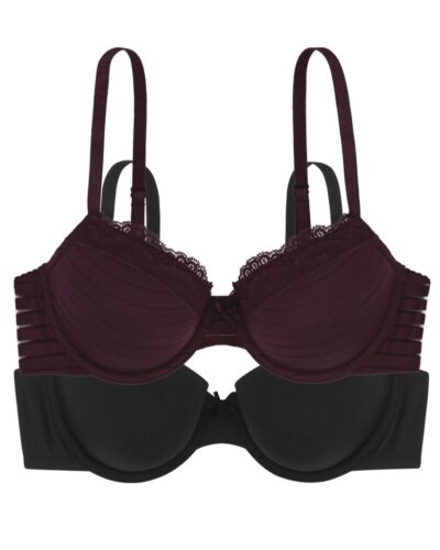 DORINA Ida 2 Pack 3/4 Cup-Light Padded Bra, Dark Red/ Black