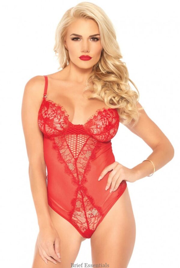 Eyelash Lace and Sheer Mesh Bodysuit, Red