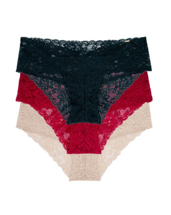DORINA Lana Pack of 3 Lace Mid Rise Briefs, Ink/Red/Nude