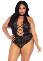 Plus Size High Neck Floral Lace Up Accent And Crotchless Teddy With Thong Panty