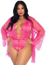 Plus Size Love Affair Lace Robe & Teddy Set, Hot Pink