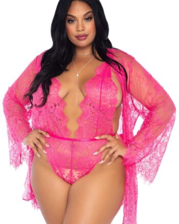 Plus Size Love Affair Lace Robe & Teddy Set, Hot Pink