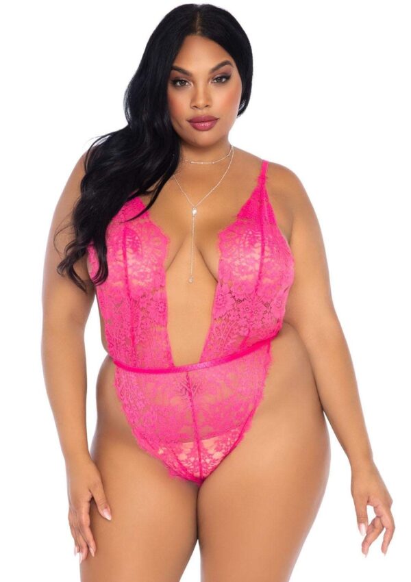 Plus Size Love Affair Lace Robe & Teddy Set, Hot Pink