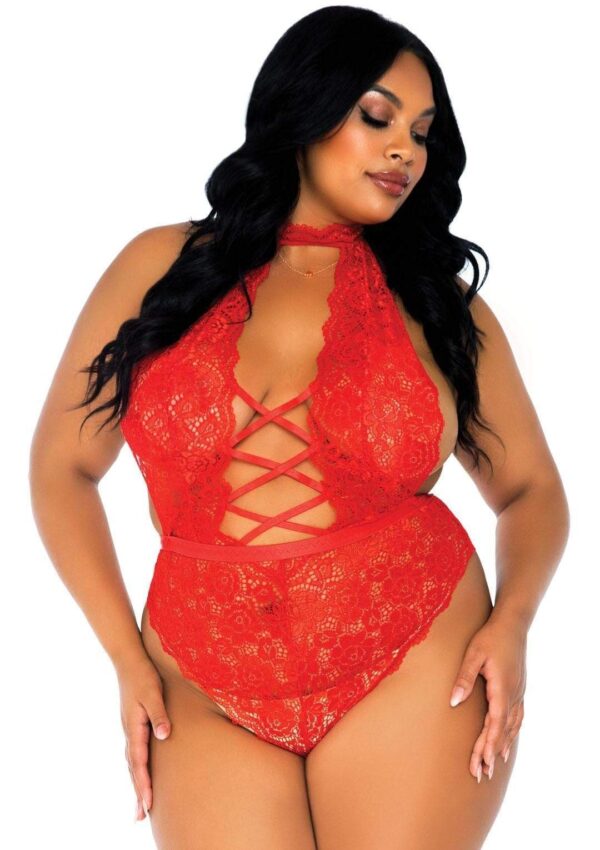 High Neck Floral Lace Up Accent And Crotchless Teddy With Thong Panty
