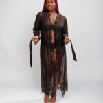 Nuit & Lace Eyelash Lace Sheer Long Robe, Black