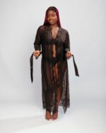 Nuit & Lace Eyelash Lace Sheer Long Robe, Black