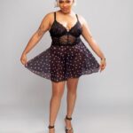 Nuit & Lace Heart Printed Mesh Push Up Babydoll Set, Black