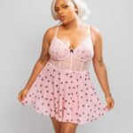 Nuit & Lace Heart Printed Mesh Push Up Babydoll Set, Pink