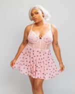 Nuit & Lace Heart Printed Mesh Push Up Babydoll Set, Pink