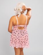 Nuit & Lace Heart Printed Mesh Push Up Babydoll Set, Pink - Image 3