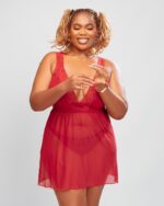 Nuit & Lace Mesh V Neck Babydoll & Thong Set, Burgundy - Image 3