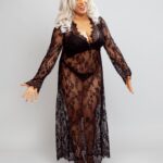 Nuit & Lace Sheer Lace V Neck Long Nightdress & Thong Set, Black