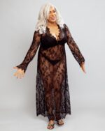 Nuit & Lace Sheer Lace V Neck Long Nightdress & Thong Set, Black