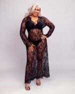 Nuit & Lace Sheer Lace V Neck Long Nightdress & Thong Set, Black - Image 2