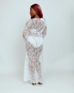 Nuit & Lace Sheer Lace V Neck Long Nightdress & Thong Set, White - Image 3