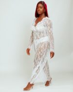 Nuit & Lace Sheer Lace V Neck Long Nightdress & Thong Set, White - Image 2