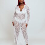 Nuit & Lace Sheer Lace V Neck Long Nightdress & Thong Set, White