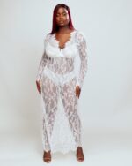 Nuit & Lace Sheer Lace V Neck Long Nightdress & Thong Set, White