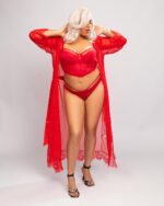 Nuit & Lace Eyelash Lace Sheer Long Robe, Red - Image 4