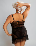 Nuit & Lace Eyelash Sheer Harness Babydoll & Thong Set, Black - Image 2