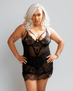 Nuit & Lace Eyelash Sheer Harness Babydoll & Thong Set, Black